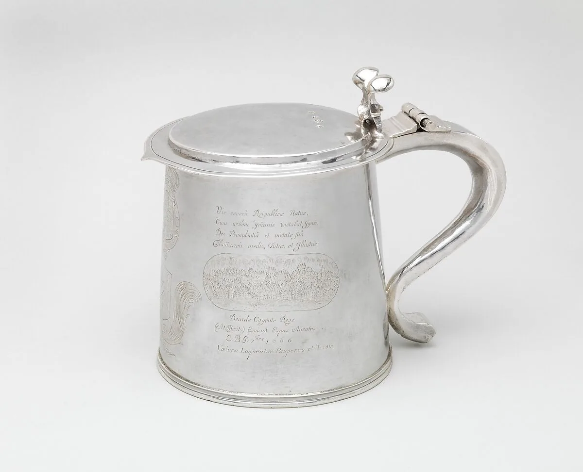 Tankard engraved with scenes of the Great Plague and the Great Fire of London — O S