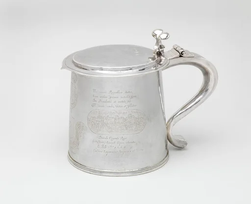 Tankard engraved with scenes of the Great Plague and the Great Fire of London