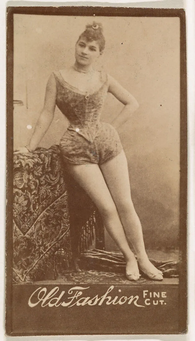 Actress leaning against cloth-covered table, from the Actresses series (N664) promoting Old Fashion Fine Cut Tobacco — Unknown