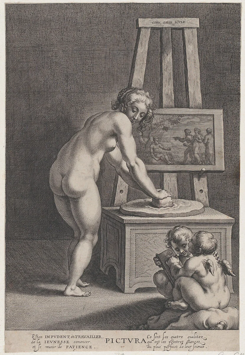 Pictura: allegory of painting, with a nude woman at center grinding pigments, two putti drawing at lower right — Peter Paul Rubens|Cornelis Galle I