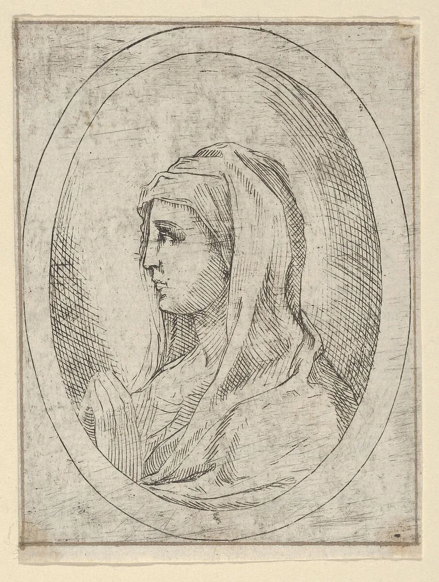 The Virgin in prayer, seen in profile facing left, in an oval frame, from "Christ, the Virgin, and Thirteen Apostles" — Anonymous, 17th century|Guido Reni