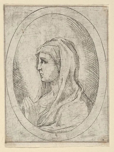 The Virgin in prayer, seen in profile facing left, in an oval frame, from "Christ, the Virgin, and Thirteen Apostles"