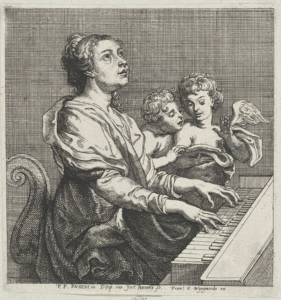 Saint Cecilia playing the organ with two putti at right — Peter Paul Rubens|Willem Panneels|Frans van den Wyngaerde