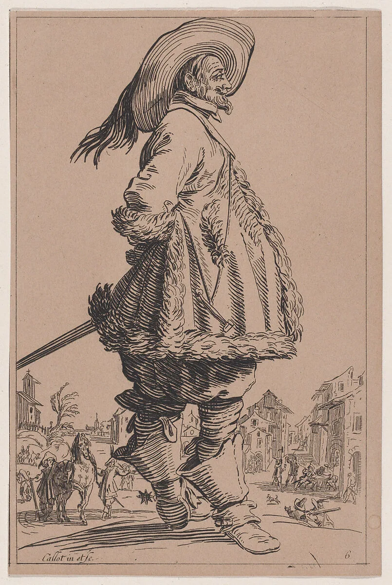 Copy of Le Gentilhomme au Manetau Bordé de Fourrures Tenant ses Mains Derrière le Dos (The Gentleman with a Fur-Lined Mantle Holding his Hands Behind his Back), from La Noblesse (The Nobility) — Jacques Callot|Anonymous