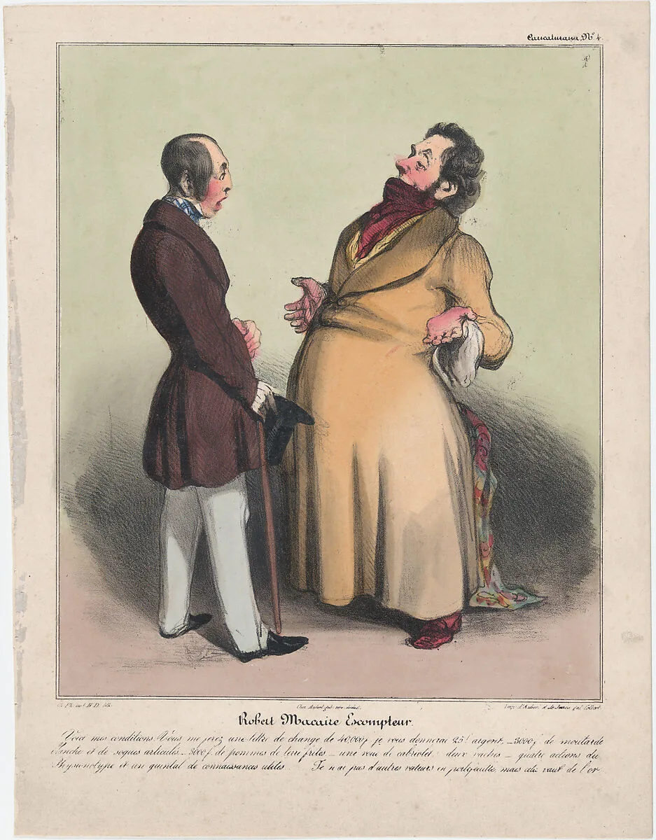 Plate 4: Robert Macaire, discount broker, from 'Caricaturana,' published in Les Robert Macaires — Aubert et Cie|Junca|Charles Philipon|Honoré Daumier