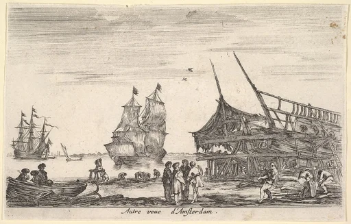 Another view of Amsterdam (Autre vue d'Amsterdam), a group of four men stand in center on a seashore, a boat being built to right, a rowboat on shore to left, two ships to left in the background, from 'Views of seaports' (Vues de ports de mar)