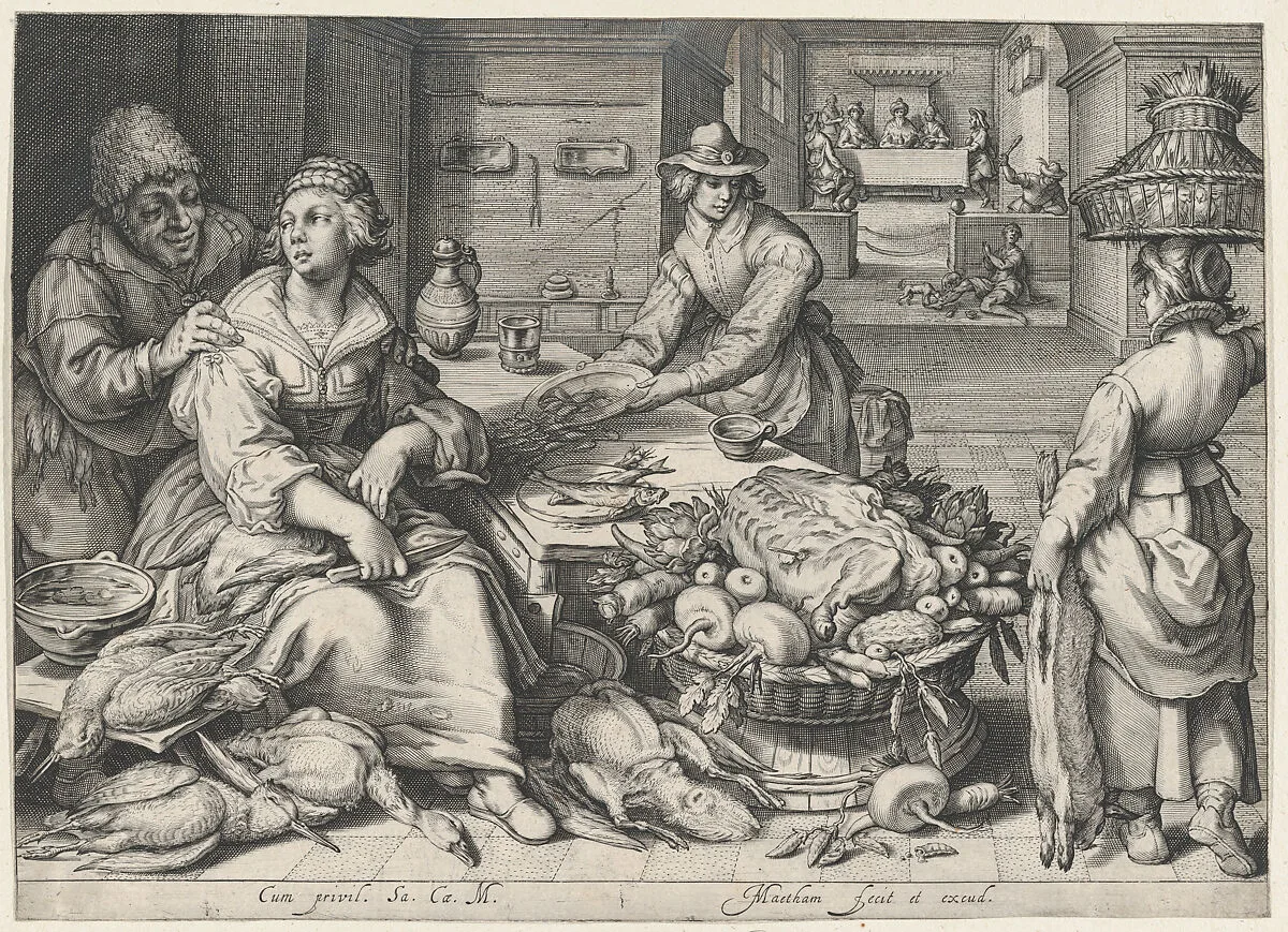 Kitchen Scene with a Maid Drawing Poultry, the Parable of the Rich Man and the Poor Lazarus, from Kitchen and Market Scenes with Biblical Scenes in the Background — Jacob Matham