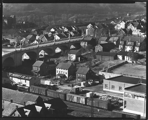 [Houses, Bridge, and Railroad Cars on Tracks, From Elevated Position, Bethlehem, Pennsylvania]