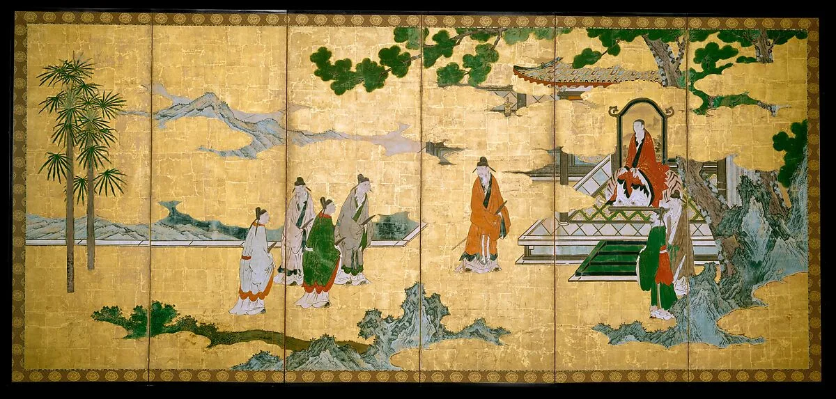 商山四皓・蘇東坡風水洞|The Return to Court of the Four Graybeards of Mount Shang (left); Su Shi’s Visit to the Wind and Water Cave (right — Kano Mitsunobu 狩野光信