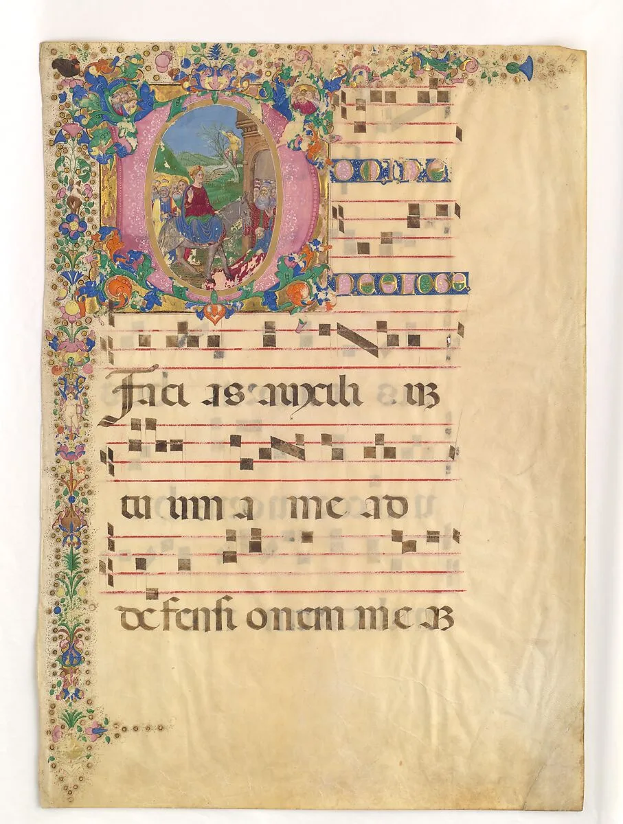 Manuscript Leaf with Entry into Jerusalem on Palm Sunday in an Initial D, from a Gradual — Bartolomeo di Domenico di Guido