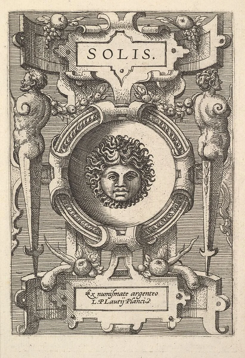 Bust of Sol surrounded by strapwork, from the series 'Deorum dearumque,' a set of images of deities after coins in the collection of Abraham Ortelius — Philips Galle|Gerard van Groeningen|Johannes van Doetecum I|Lucas van Doetecum
