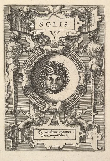 Bust of Sol surrounded by strapwork, from the series 'Deorum dearumque,' a set of images of deities after coins in the collection of Abraham Ortelius