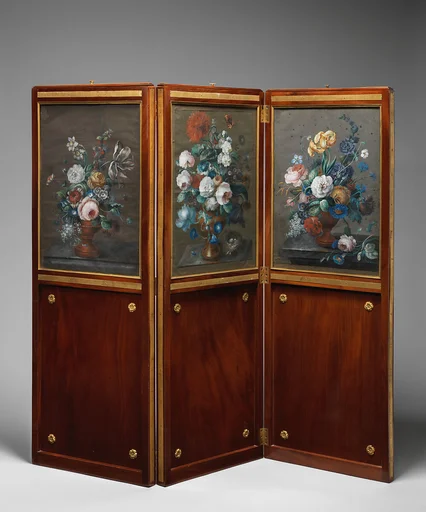 Three-leaf screen with gouache drawings