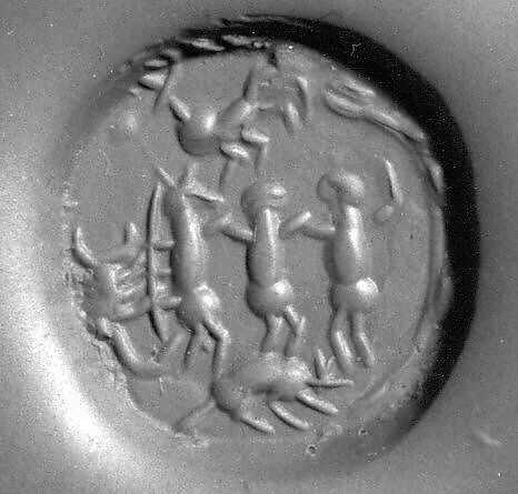 Stamp seal and modern impression: dancing figures and rearing animal