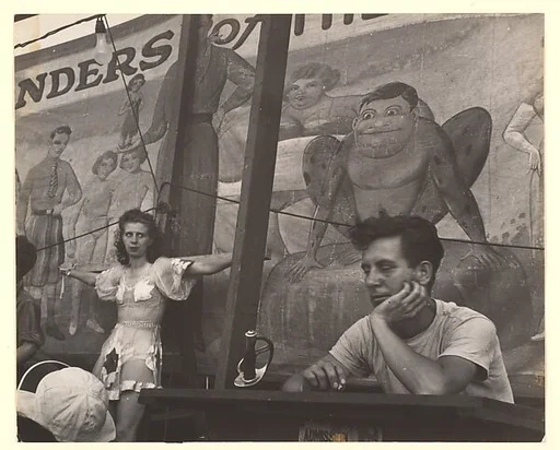 [Circus Performers in Front of Painted Canvas Advertisement, New York]
