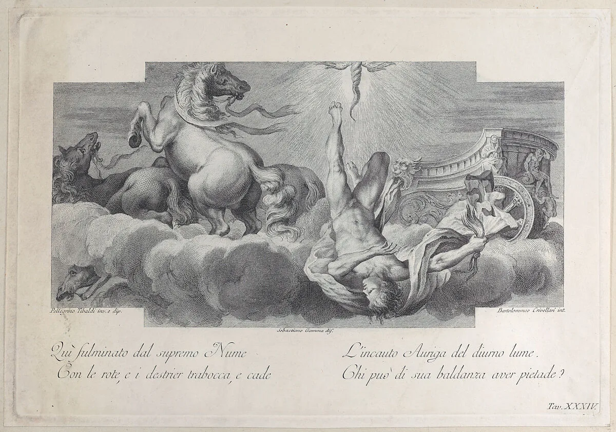 Plate 34: Auriga, the charioteer, falls from the chariot at center, with three horses at left — Pellegrino Tibaldi|Sebastiano Gamma|Bartolomeo Crivellari|Giampietro Zanotti