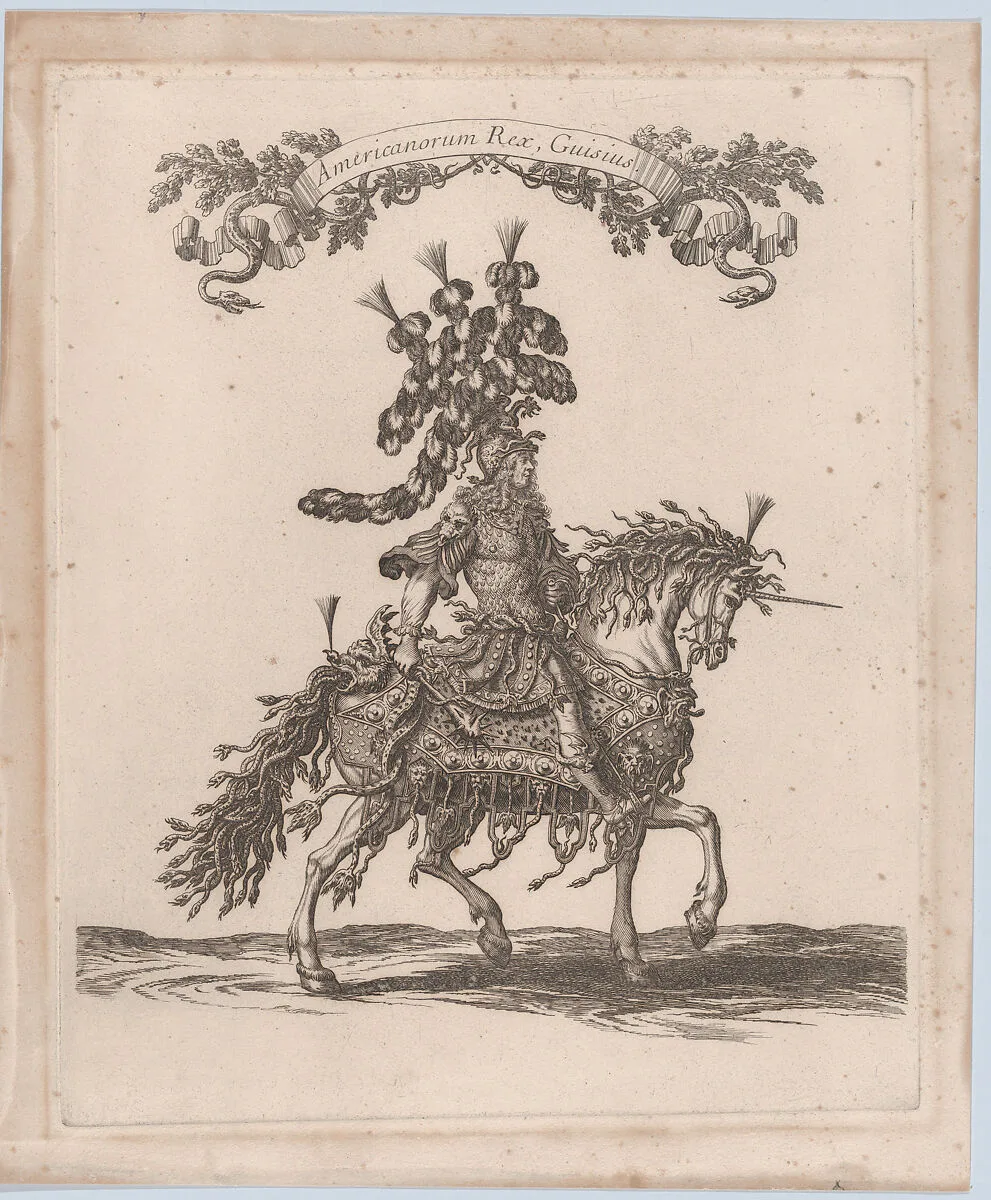Americanorum Rex, Guisius, from "Courses de Testes et de Bagues Faittes par Roy et par les Princes et Signeurs de sa Cour, en l'annee 1662" (Grand Carrousel) — Israel Silvestre|François Chauveau|Charles Perrault|Louis-Joseph de Lorraine, Duc de Guise