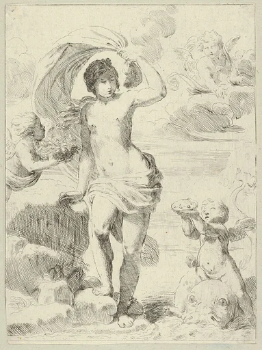 Venus stepping out of the sea, holding a billowing drapery in her left hand, Cupid at right offering pearls while riding a dolphin and a putto at left offering flowers, another in the clouds