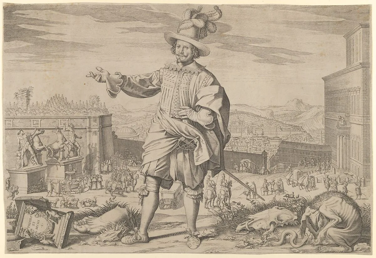 Portrait of Ioannes Altus (Johann Alten), of the Swiss Guard, standing by the Quirinal and pointing out the antiquities of Rome — Francesco Villamena|Giovanni Altoviti