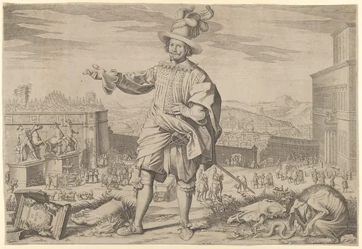 Portrait of Ioannes Altus (Johann Alten), of the Swiss Guard, standing by the Quirinal and pointing out the antiquities of Rome