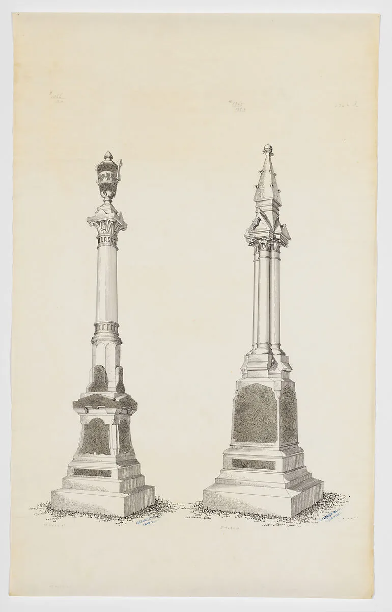 Two Grave Monument Designs, Topped with an Urn and a Gothic Pinnacle, Nos. 1366, 1365 — Alexander Maxwell