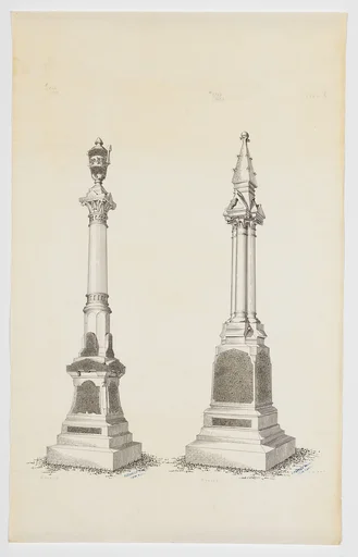 Two Grave Monument Designs, Topped with an Urn and a Gothic Pinnacle, Nos. 1366, 1365