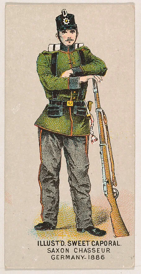 Saxon Chasseur, Germany, 1886, from the Military Series (N224) issued by Kinney Tobacco Company to promote Sweet Caporal Cigarettes — Kinney Brothers Tobacco Company