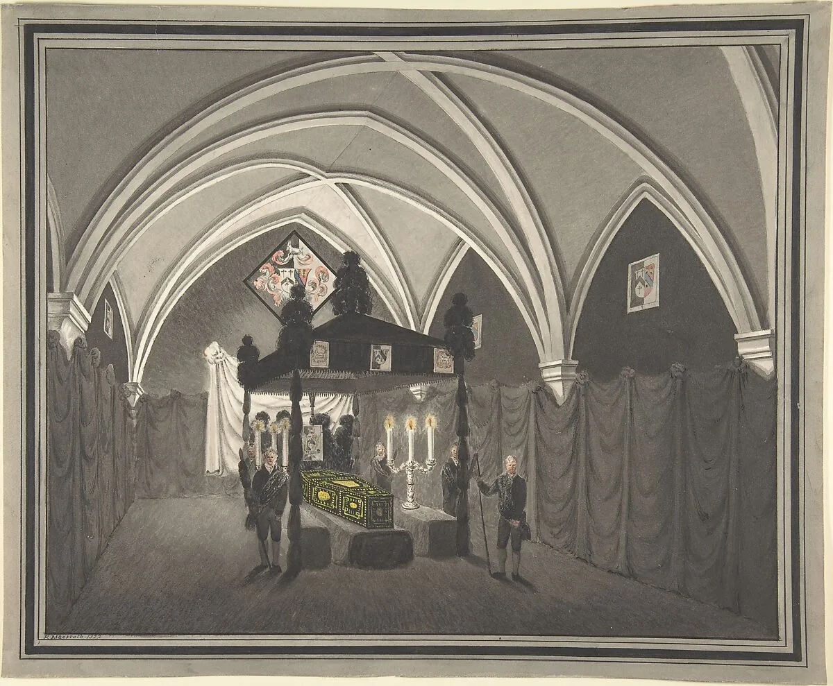 Vaulted Interior with Catalfalque, Coffin and Attendants — Robert Mackreth