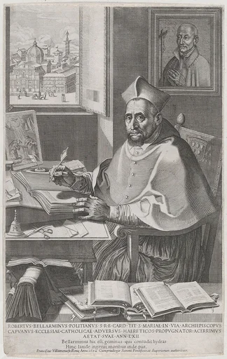 Cardinal Roberto Bellarmino at his desk, writing