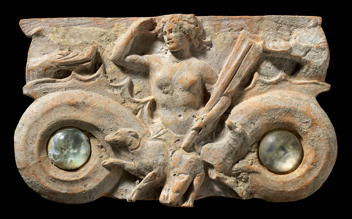 Pair of terracotta plaques with glass inlays — Unknown