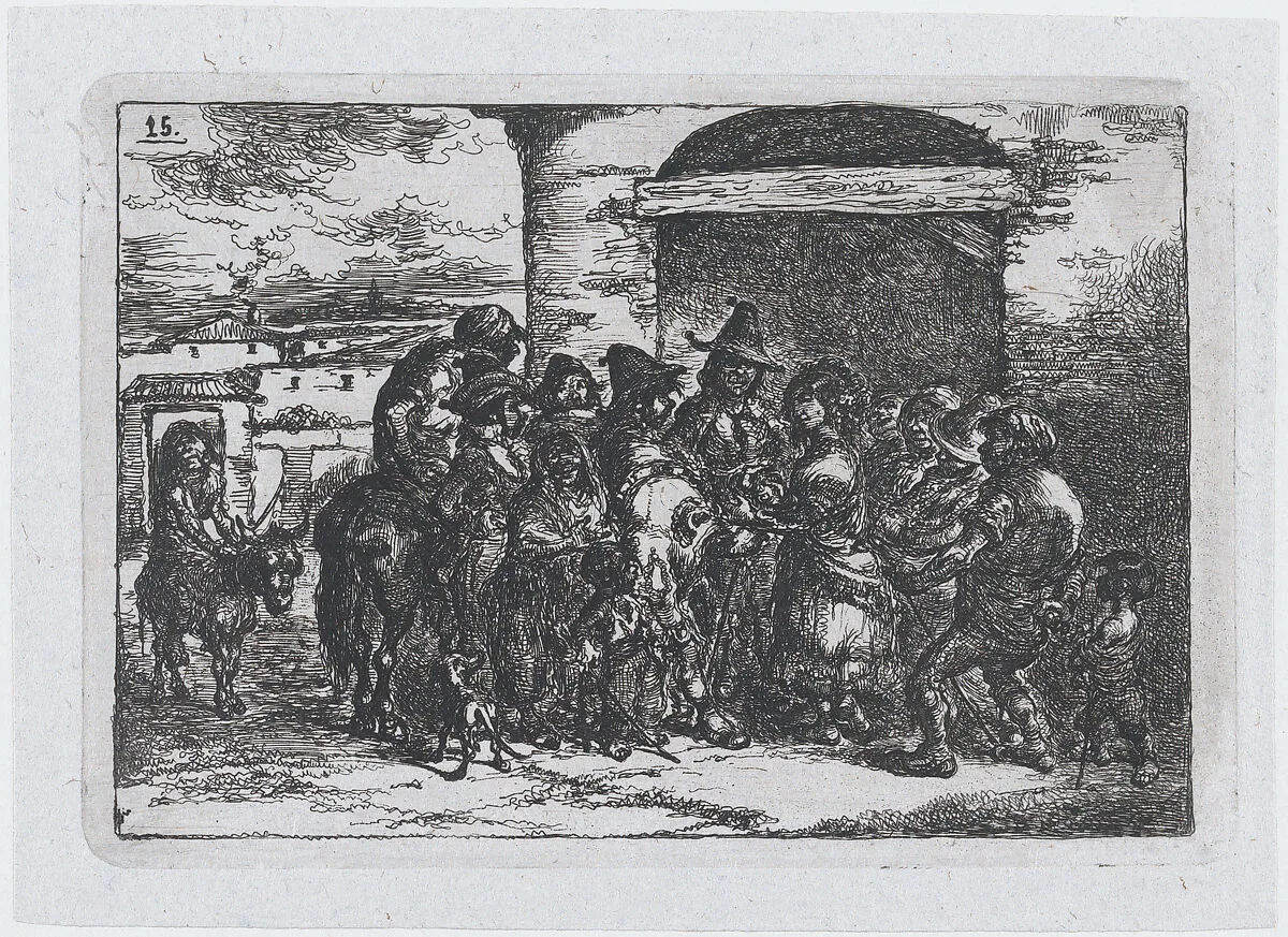 Plate 15: a group of people outdoors, possibly a troupe of actors, from the series of customs and pastimes of the Spanish people — Francisco Lameyer y Berenguer