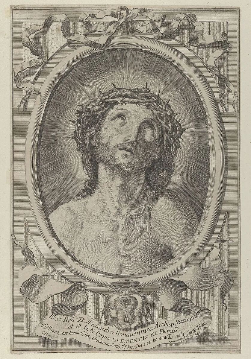 Head of Christ with crown of thorns, in an oval frame with a ribbon above and banderole below, after Reni — Guido Reni|Cajetanus Urbinas|Cajetanus Urbinas