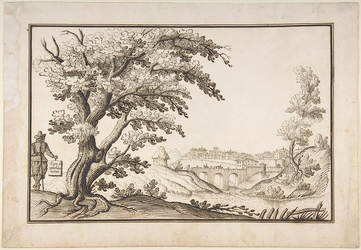 Framed Landscape with a View of Castel Durante with a Figure Holding an Inscribed Plaque in the Foreground — Ercole Bazicaluva
