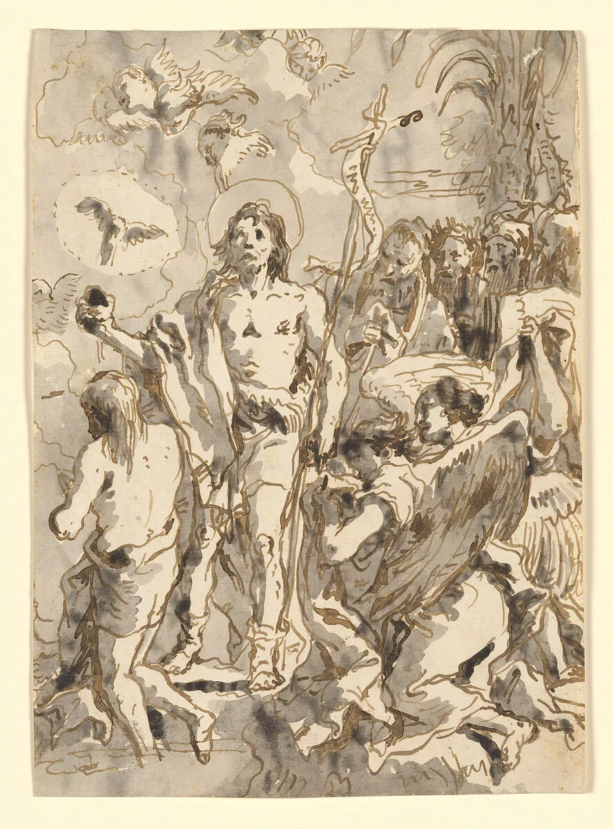 The Baptism of Christ (with Christ Half-Kneeling at Left, His Back Turned, and the Baptist Full-Faced at Center, Looking Up) — Giovanni Domenico Tiepolo