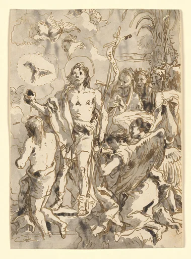 The Baptism of Christ (with Christ Half-Kneeling at Left, His Back Turned, and the Baptist Full-Faced at Center, Looking Up)