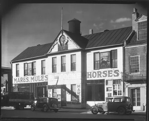 [Lum Brothers Stables with Parked Cars on Street, Natchez, Mississippi]