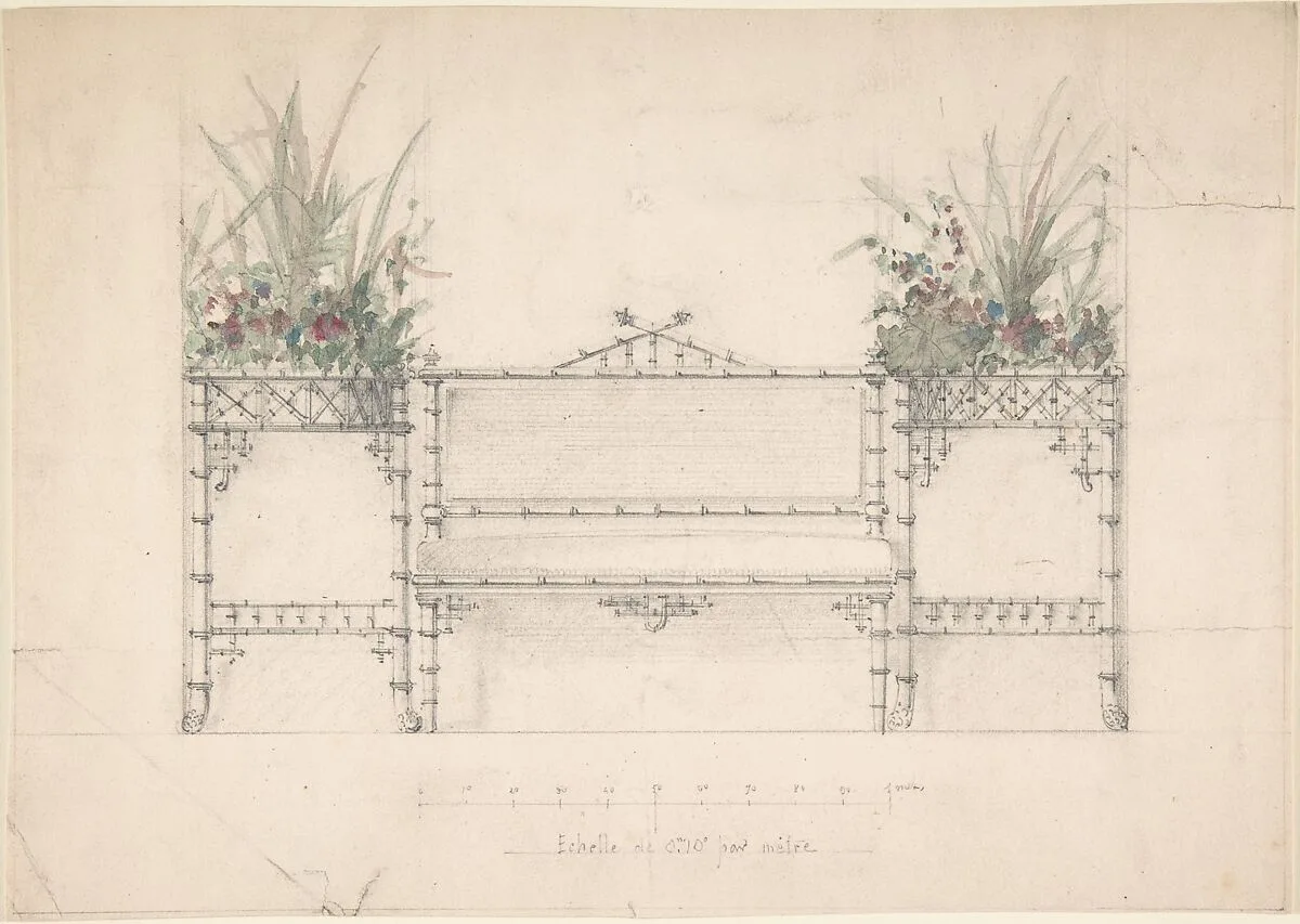 Design for Chinois Bench and Planters — Anonymous, French, 19th century