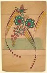 Vertical Panel with Decorative Floral Designs in Teal, Yellow, and Magenta, with Budding Pink Flowers Above — Anonymous, French, 20th century