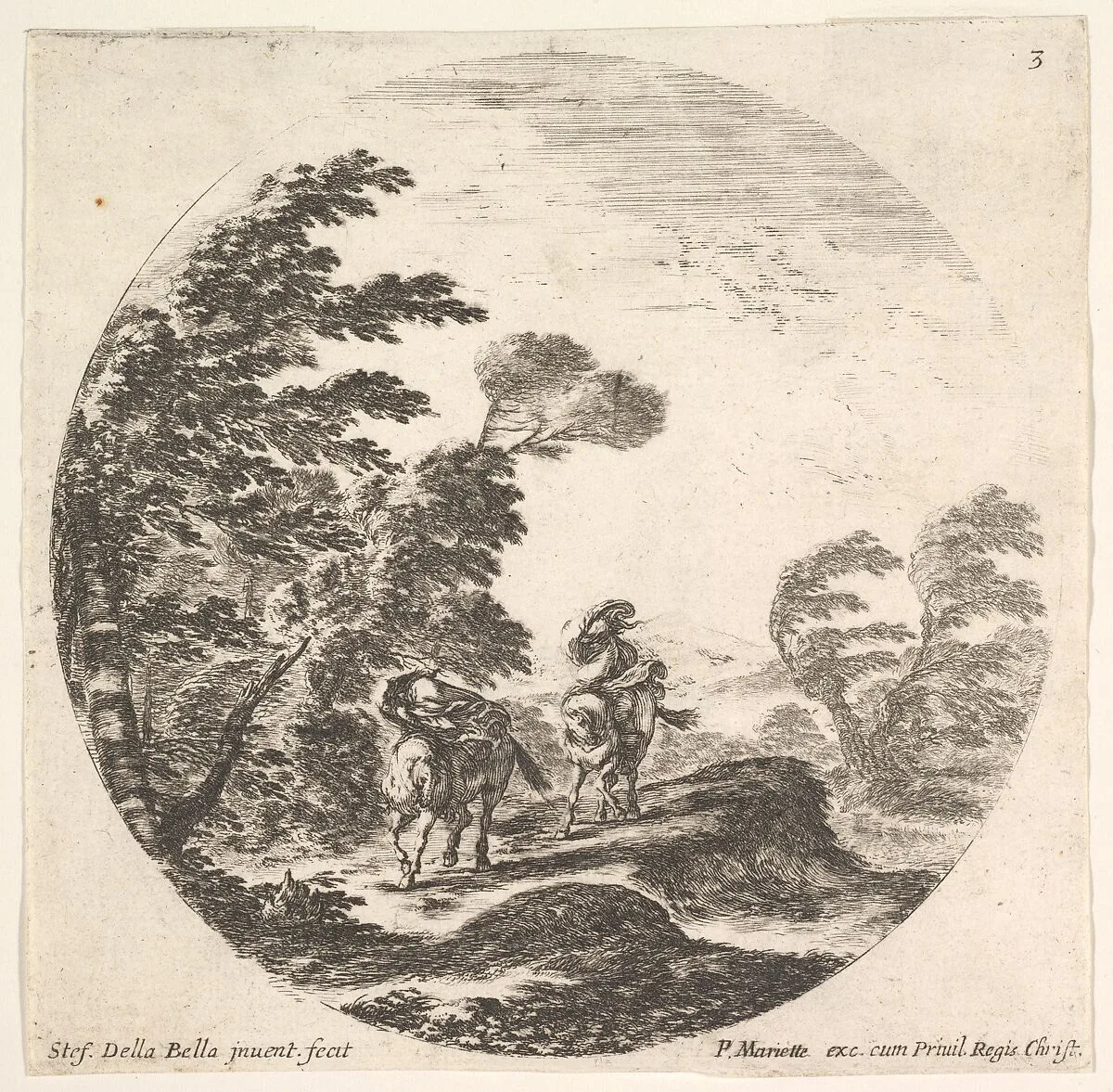 Plate 3: a gale in the forest, two horsemen wrapped in their cloaks, the wind is blowing from the left side, a round composition, from 'Roman landscapes and ruins' (Paysages et ruines de Rome) — Stefano della Bella|Pierre Mariette le fils