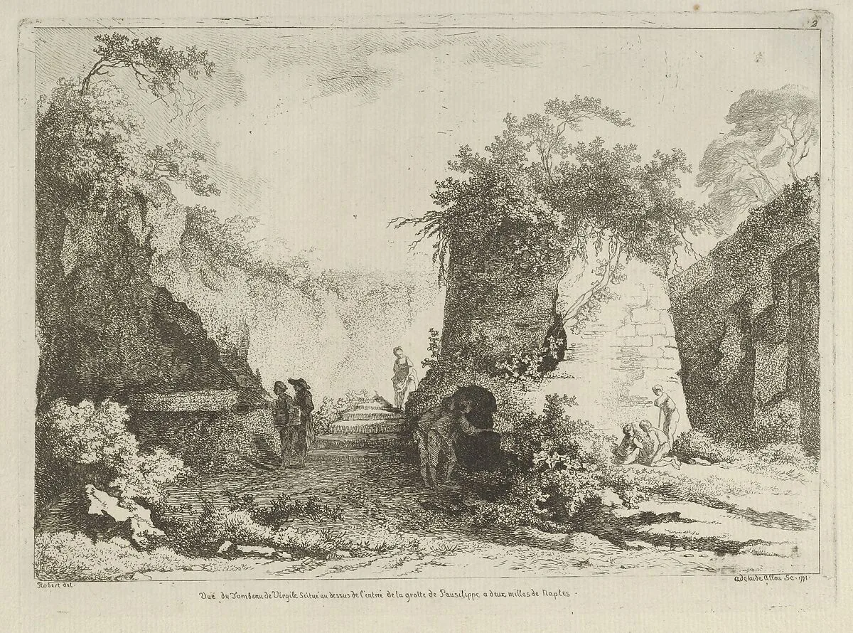 Vue du Tombeau de Virgile from Differentes vues dessiné d'après nature... dans les environs de Rome et de Naples — Adélaide Allou|Hubert Robert|Jean Honoré Fragonard|Pierre François Basan