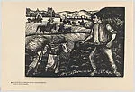 Plate 8: The young Emiliano Zapata watching a scene in which workers in a field carry heavy loads, while others are being whipped, from the portfolio 'Estampas de la revolución Mexicana' (prints of the Mexican Revolution) — Taller de Gráfica Popular|Mariana Yampolsky