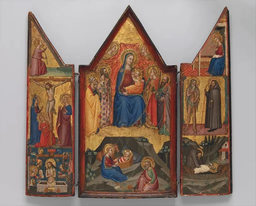 Madonna and Child Enthroned with Saints Peter, Bartholomew, Catherine of Alexandria, and Paul, and (below) the Nativity; left wing (top to bottom): Annunciatory Angel, Crucified Christ with the Virgin, Saints Mary Magdalen and John, and Christ as the Man of Sorrows; right wing (top to bottom): Virgin Annunciate, Saints Onophrius and Paphnutius, and Saint Onophrius Buried by Saint Paphnutius.