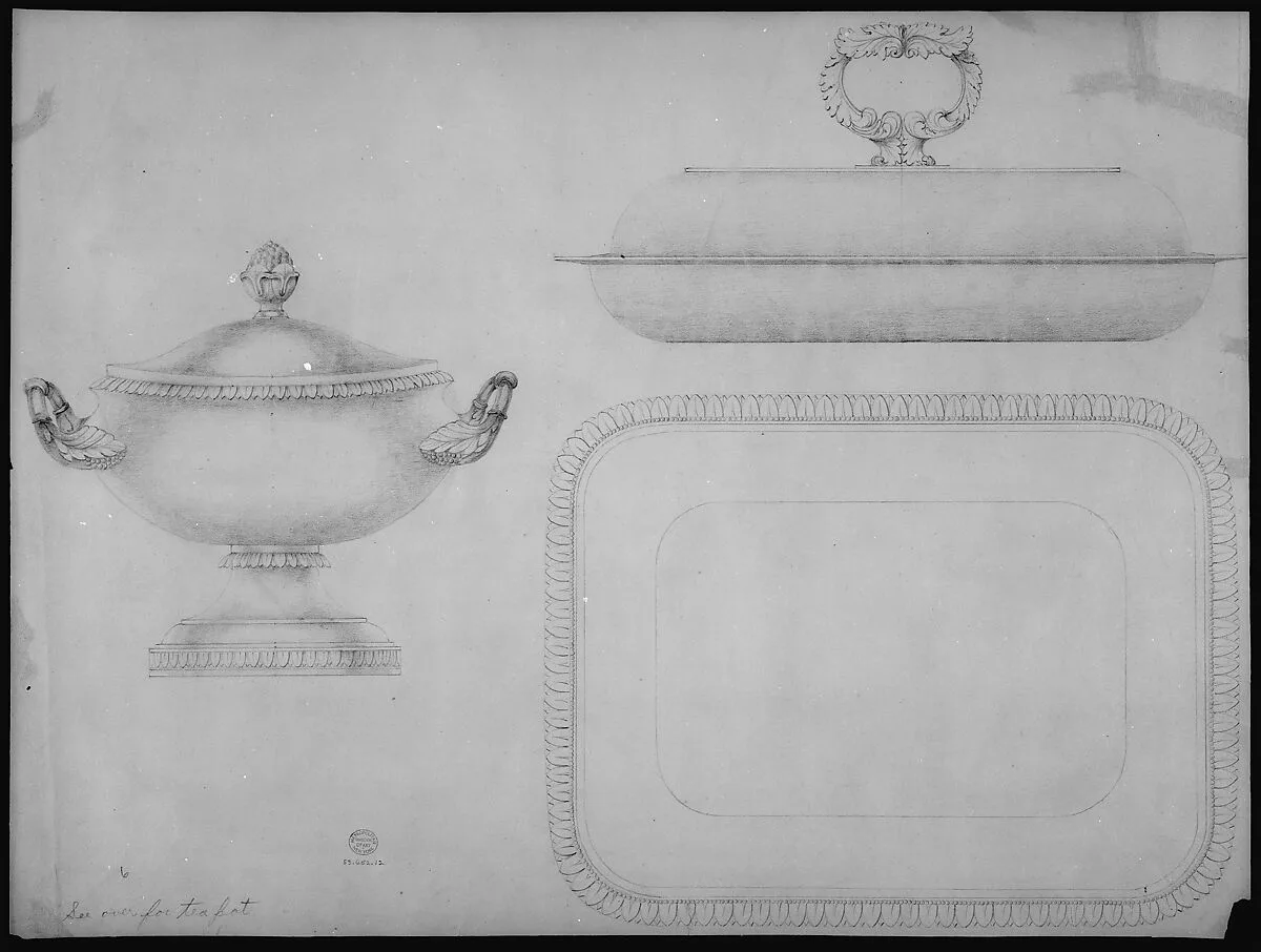 Design for a tea-pot, verso: design for a covered dish and bowl — Thomas Fletcher|Sidney Gardiner