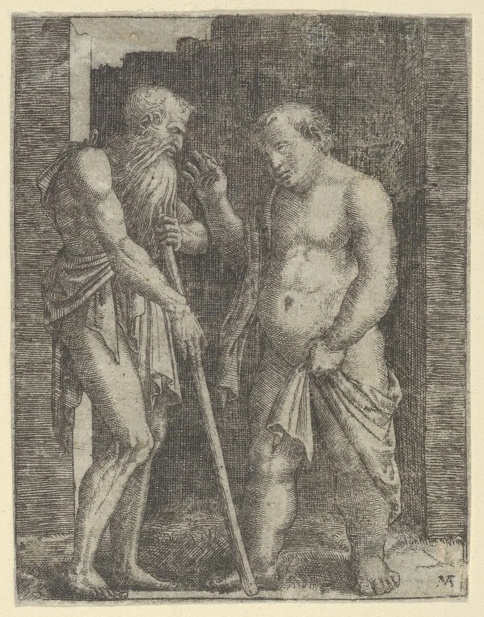 An old skinny man at left talking with a fat man at right — Marcantonio Raimondi