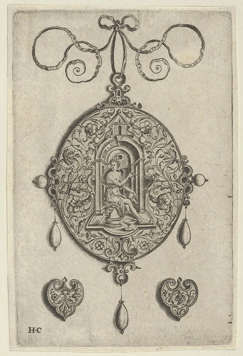 Oval-Shaped Pendant Design with Hebe Seated under a Niche — Jan Collaert I|Hans Liefrinck