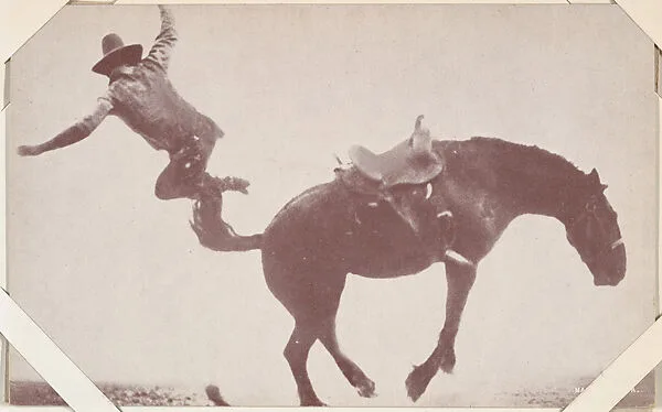 Cowboy falling off back of bucking bronco with head down from Indians and Western Historical Scenes series (W417) — Unknown