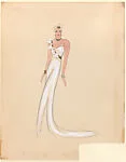 Drawing for a female theatrical costume with a white gown with floral embellishments — Vincente Minnelli