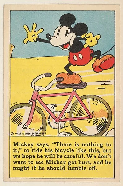 Mickey riding his bicycle, bakery card from the Mickey Mouse series (D52), issued by Bamby Bread — Bamby Bread