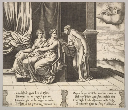 Plate 12: Psyche's sisters persuade her a serpent is sleeping with her, from "The Fable of Cupid and Psyche"