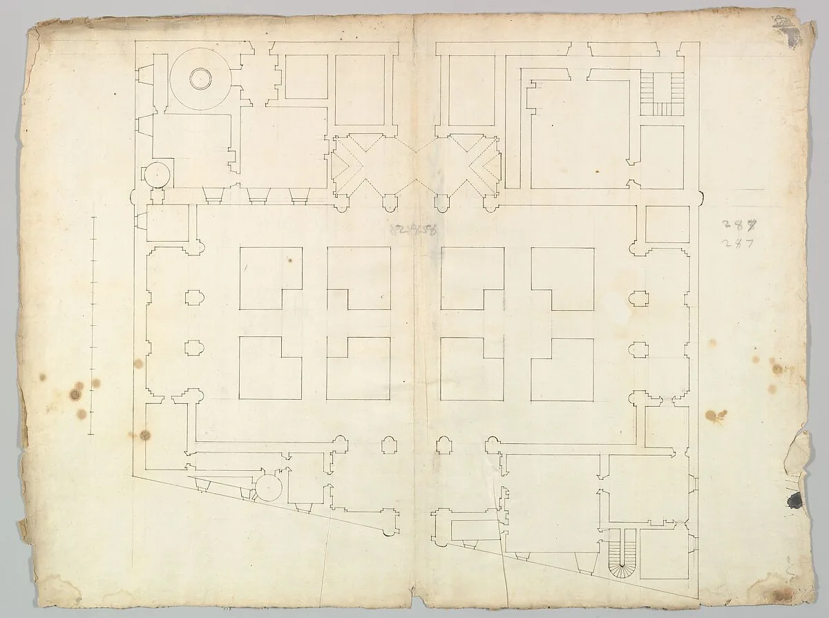 Palazzo Farnese, plan, garden extension (recto) blank (verso) — Anonymous, French, 16th century